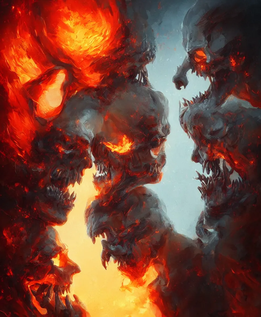 Prompt: portrait skull and devil talking to each other perfil on fire, art by greg rutkowski, intricate, ultra detailed, photorealistic, vibrante colors, colorful, trending on artstation, 4 k, 8 k