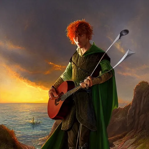 Prompt: kvothe playing his lute serenading the sunset, huntsman, medieval, green cape, by Aleksi Briclot