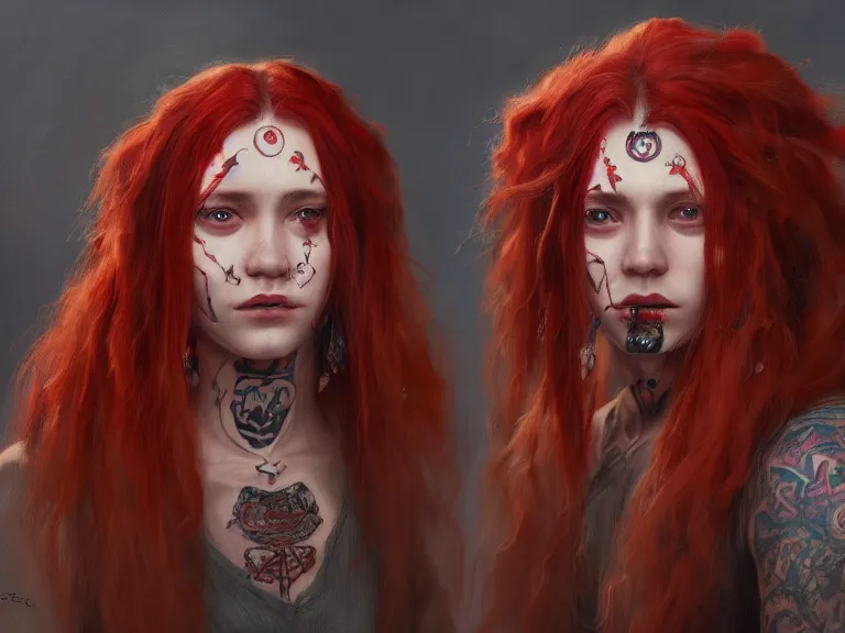 Prompt: a detailed portrait oil painting of a sad shaman girl with long red hair and face tattoos, cinematic, dramatic lighting, intricate artwork by eddie mendoza. Trending on artstation. 8k