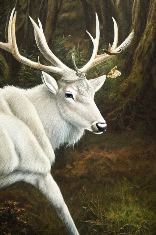 Image similar to an oil painting of the king of the forest: a white stag, beautiful, fantasy, hyper realistic, dramatic lighting