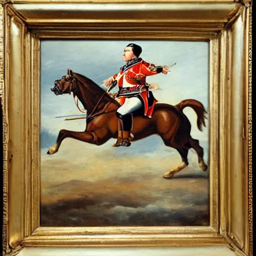 Image similar to french bulldog riding horse in battle like napoleon, painted by saint - bernard