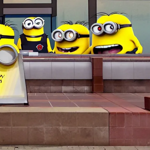 Prompt: minions raiding a local mcdonalds, stealing all the goddamn burgers, dramatic scene