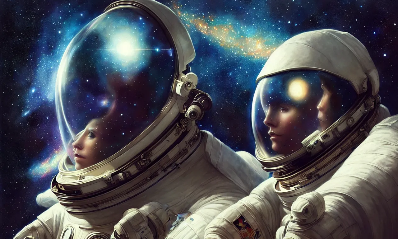 Prompt: Astronaut helmet is a reflection of stars and galaxies. Space exploration, an astronaut looks up into space, fantasy magic, undercut hairstyle, dark light night, intricate, elegant, sharp focus, illustration, highly detailed, digital painting, concept art, matte, art by WLOP and Artgerm and Greg Rutkowski and Alphonse Mucha, masterpiece