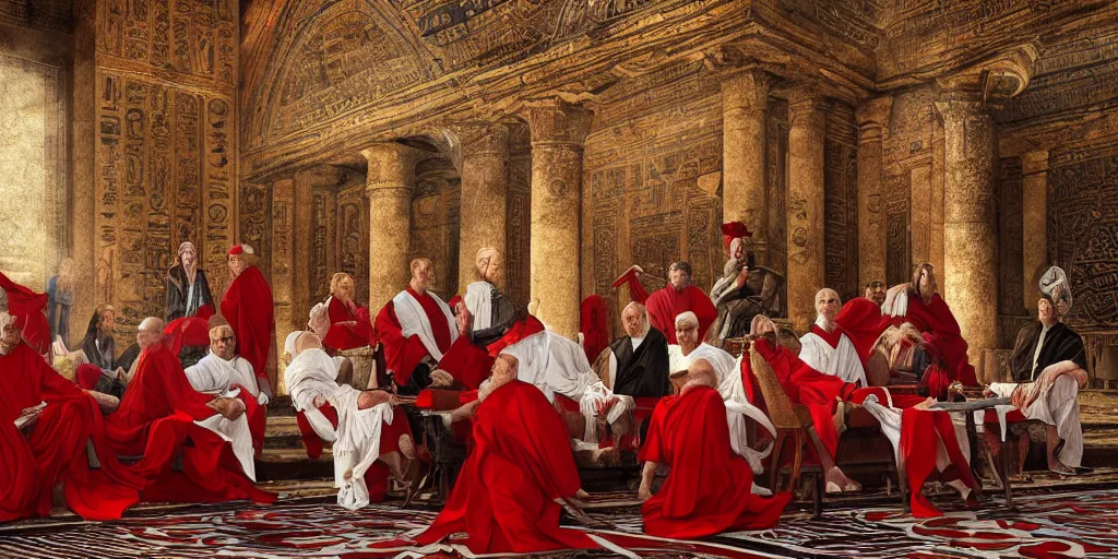 Image similar to ancient senators in red and white robes sit in tribunes, egyptian teal mosaic background, highly detailed, beautiful cinematic light deep focus, elegant, digital painting, smooth, sharp focus, golden ratio, dramatic illumination, art by aleksi briclot, rutkowski and caravaggio