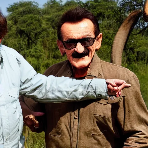 Prompt: a photo of Paul chuckle posing for a photo with an elephant on an African safari, photorealistic, 4k