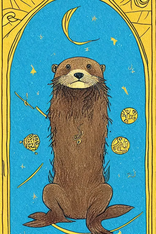 Prompt: tarot card illustration depicting a sea otter on the card the seven of fish, framed in an elaborate golden line border, tarot card, detailed illustration, sea otter, furry art, artstation, 4 k