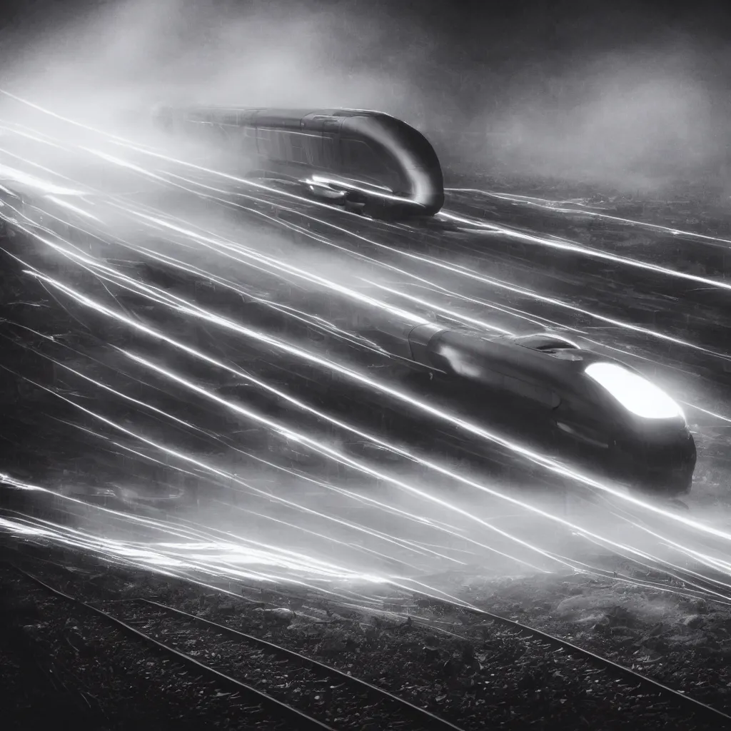 Prompt: closeup wide angle view of powerful futuristic streamline train speeding very fast. romanticism. extreme speed with headlight beam shining brightly into the fog and rain. dramatic lighting. motion streaks.. vanishing point. photorealistic.