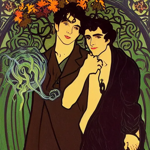 Image similar to painting of young handsome beautiful dark medium wavy hair man in his 2 0 s named shadow taehyung and cute handsome beautiful min - jun together at the halloween witchcraft party, bubbling cauldron, casting spells, autumn colors, elegant, ritual, stylized, soft facial features, delicate facial features, art by alphonse mucha, vincent van gogh, egon schiele