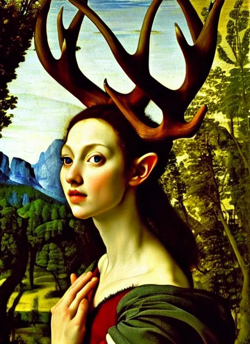 Image similar to elf woman that has antlers, forest in background, renaissance oil painting, by artemisia gentileschi, baroque, beautiful, feral, clear, crisp, sharp, award - winning, portrait, extremely detailed