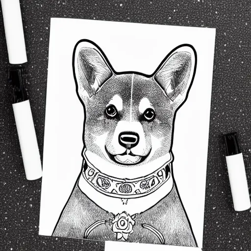 Prompt: Black and white coloring book page of a Shiba Inu