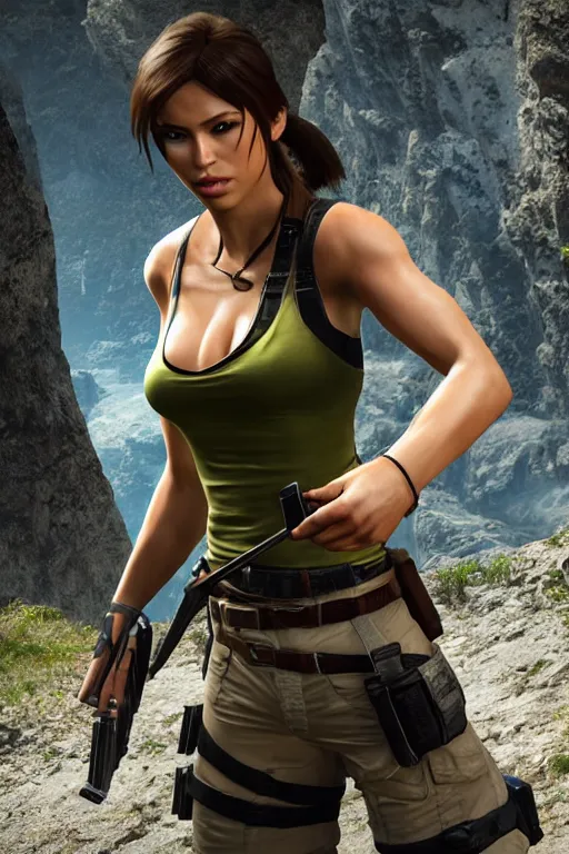 Image similar to Lara Croft as a DOA character, photorealism, full body, white ambient background, unreal engine 5, hyperrealistic, highly detailed, XF IQ4, 150MP, 50mm, F1.4, ISO 200, 1/160s, natural light, Adobe Lightroom, photolab, Affinity Photo, PhotoDirector 365, realistic