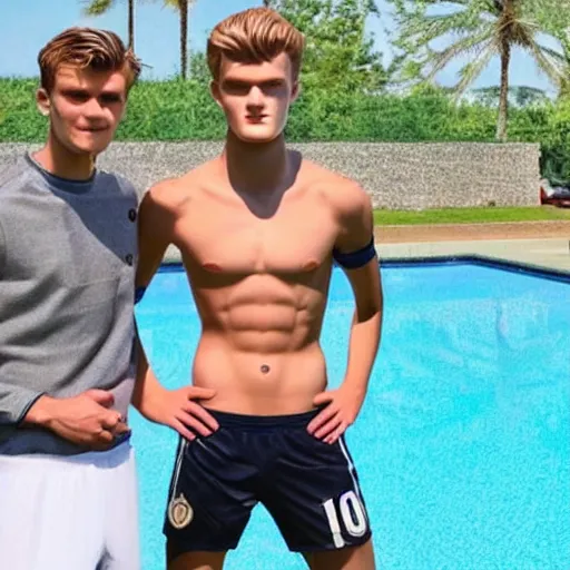 Image similar to a realistic detailed photo of a guy who is an attractive humanoid who is half robot and half humanoid, who is a male android, soccer players martin ødegaard & timo werner, shiny skin, posing like a statue, blank stare, by the pool, on display, showing off his muscles