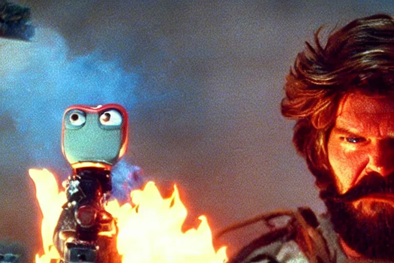 Prompt: scary filmic closeup color ground level angle movie still 35mm film color photograph of Kurt Russel with a beard and mustache burning an abstract alien organism from The Thing 1982 with a flamethrower, in the style of a horror film