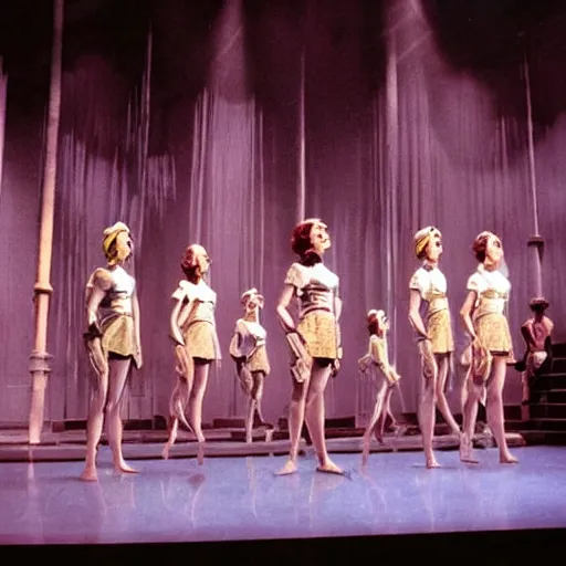 Prompt: Production photo of The Ten Commandments (1955) film the musical on broadway, dancing, singing, Ten Commandments costumes by Julie Taymor, set design by Julie Taymor