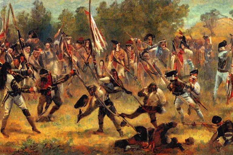 Image similar to native americans decapitating colonists, impressionist painting