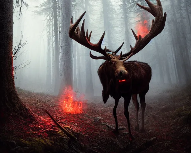 Image similar to 5 5 mm portrait photo of an armored demonic burning moose with red eyes antlers and looking at the camera, in a magical forest. magical atmosphere. art by greg rutkowski and luis royo. highly detailed 8 k. intricate. lifelike. soft light. nikon d 8 5 0.