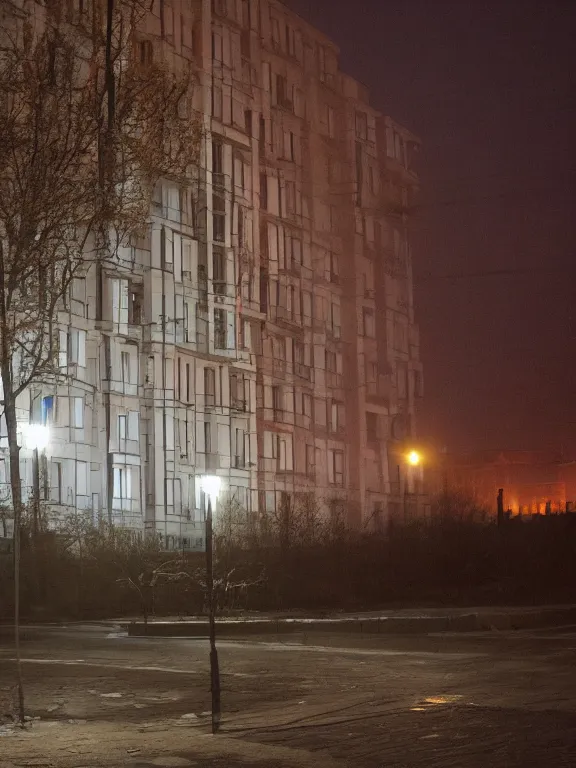 Prompt: film still of low russian residential building in suburbs, lights are on in the windows, deep night, post - soviet courtyard, cozy atmosphere, light fog, street lamps with orange light, several birches nearby, several elderly people stand at the entrance to the building