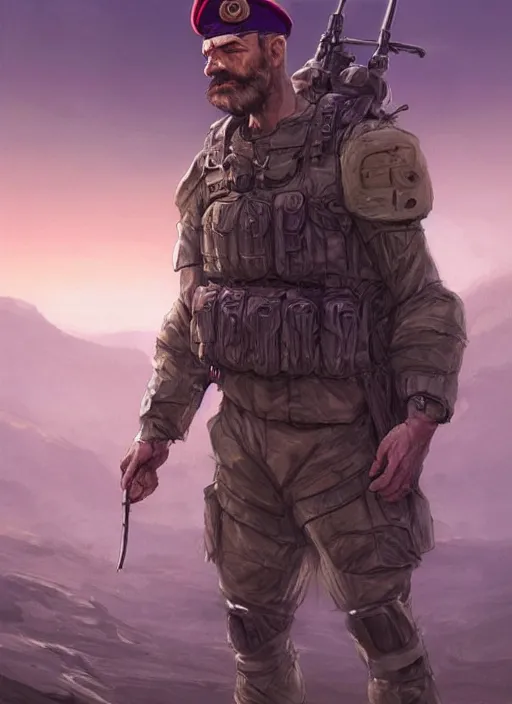 Image similar to purple lighting, detailed character concept illustration, white male strong muscular mature soldier with beard and short hair in a soldier uniform, desert with city in the background, sharp focus, illustration, highly detailed, digital painting, concept art, matte, art by wlop and artgerm and greg rutkowski, masterpiece