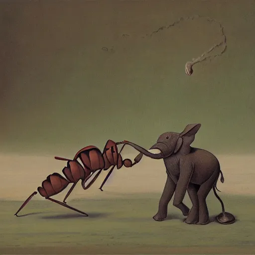 Image similar to a giant ant fighting a small elephant