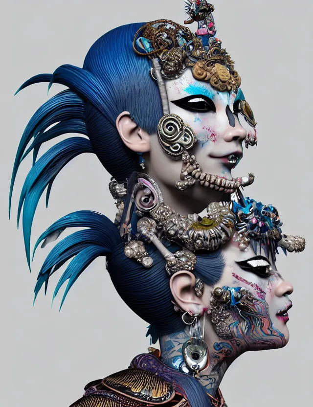 Image similar to 3 d goddess close - up profile portrait punk with mohawk with ram skull. beautiful intricately detailed japanese crow kitsune mask and clasical japanese kimono. betta fish, jellyfish phoenix, bio luminescent, plasma, ice, water, wind, creature, artwork by tooth wu and wlop and beeple and greg rutkowski