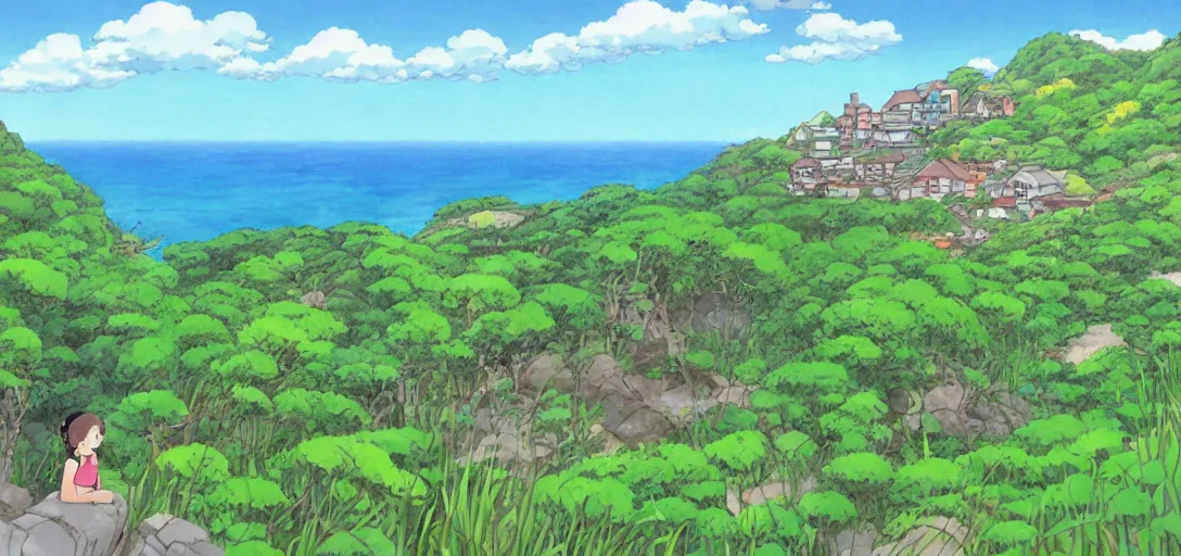 Prompt: studio ghibli style, hilly countryside and ocean