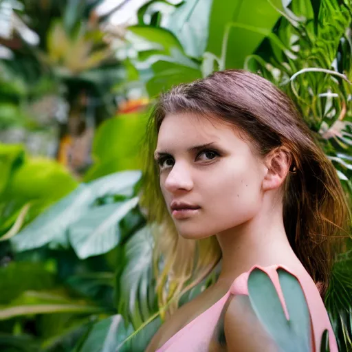 Prompt: a very beautiful!! young woman is posing for a photograph, petzval lens. symetric face. sharp face. in a tropical greenhouse. featured on flickr, art photography, photo taken with provia,