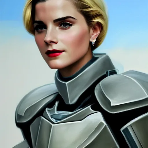 Image similar to A combination of Grace Kelly's and Emma Watson's and Ashley Greene's appearances with blonde hair wearing Master Chief's armor, full body portrait, futuristic, dramatic, fantasy, intricate, elegant, highly detailed, digital painting, artstation, concept art, matte, sharp focus, illustration, art by Donato Giancola and James Gurney