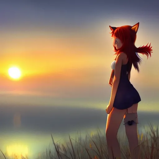 Prompt: catgirl looking at a sunset, digital art, by Yoshitaka Amano, trending on artstation, 4k