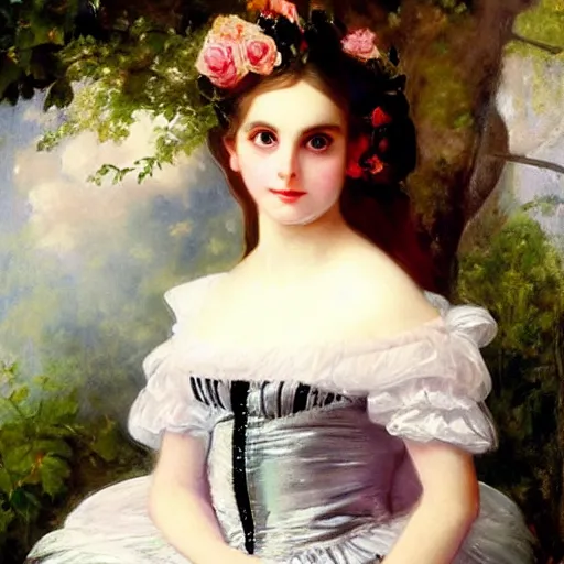 Image similar to Alice in Wonderland,a portrait of a beautiful Silver hair girl,Diamonds Blaze,Rose twining,luxuriant,dreamy, eternity, romantic,highly detailed,in the style of Franz Xaver Winterhalter, highly detailed,night lighting