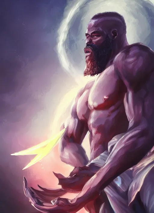 Prompt: a highly detailed illustration of bearded short fade hair african warrior god of lightning, evil summoning lightning from hands pose, moonlit clouds background, muscular, intricate, elegant, highly detailed, centered, digital painting, artstation, concept art, smooth, sharp focus, league of legends concept art, WLOP