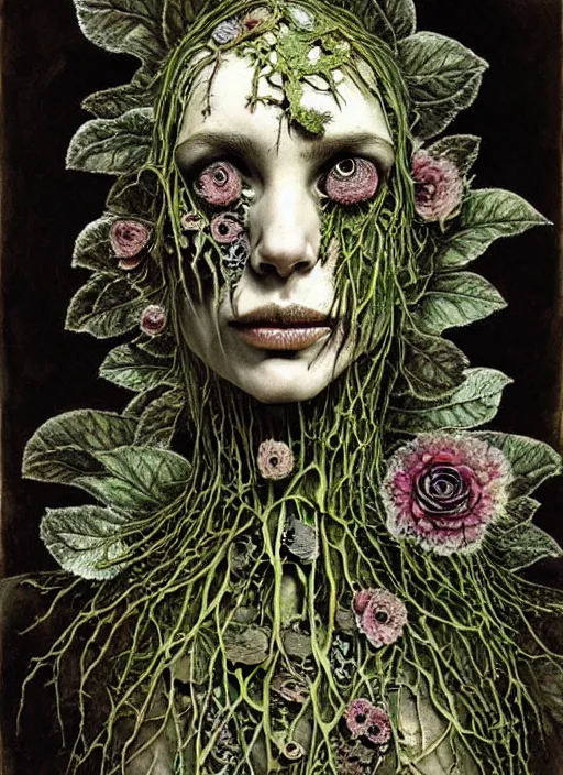 Prompt: beautiful and detailed rotten woman corpse made of fractal plants and many different types of flowers, muscles, veins, arteries, intricate, organs, ornate, surreal, john constable, guy denning, dan hillier