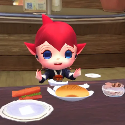 Image similar to a Lalafell eating a burger, FFXIV in-game