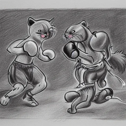 Image similar to cats fighting dogs and rats in a boxing match, detailed drawing, masterpiece