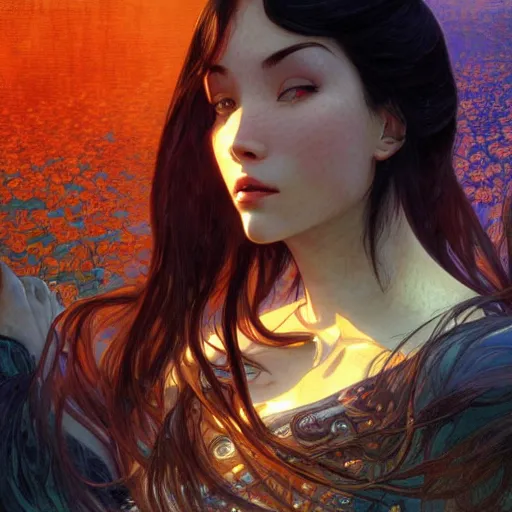 Prompt: portrait of a woman, long black hair, in front of a sci fi cityscape, by tetsuya nomura and annie swynnerton, makoto shinkai, alphonse mucha, detailed, cinematic, wide angle, dark sepia toned shading, luminescent eyes, detailed face, expressive eyes, blue fire everywhere, trending on artstation.