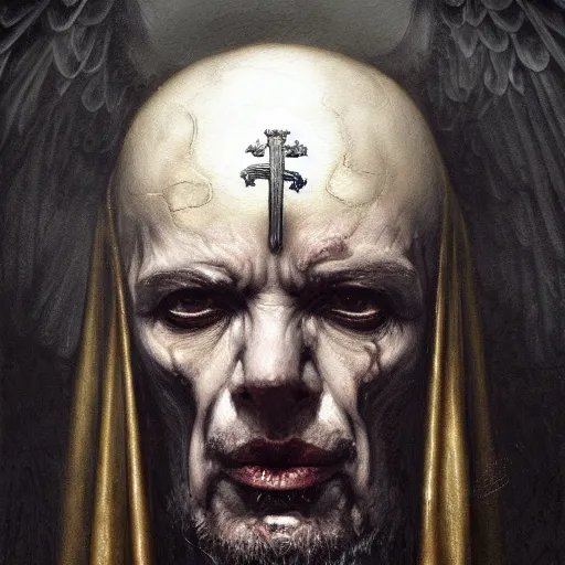 Image similar to a painting of a portrait of the high pontifex of pain with a halo on his head, golden halo, a detailed painting by santiago caruso, official art by greg rutkowski, a character portrait by seb mckinnon,, gothic art, apocalypse art, antichrist, grotesque, elder, skin, gouache, sinew, artstation