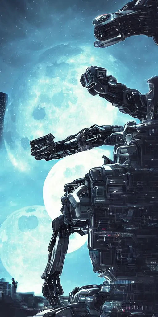 Image similar to a giant cyberpunk robot touching the moon. incredible detailed. sharp focus. digital art. full body