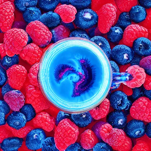 Image similar to raspberry, blueberry, vanilla smoothie explosion, intricate complexity, neon red white and blue drip paint, psychedelic glitch art, trending on art station, photoreal, 8 k, octane render