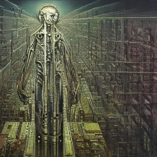 Image similar to city made of electronics by hr giger and zdzislaw beksinski