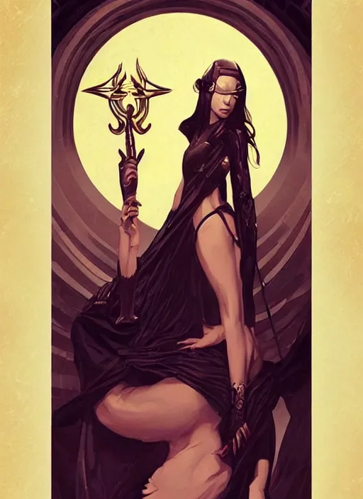 Image similar to tarot!!, high priestess, no noise, elegant, concept art, sharp focus, beautiful face!!, digital art, smooth defined outlines!!, human anatomy, human structure, vector background, dark fantasy, by Brom, trending on Artstation, Tom Bagshaw, Sargent