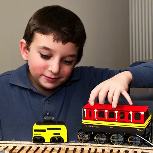 Image similar to alfredo perez rubalcaba playing with train toys