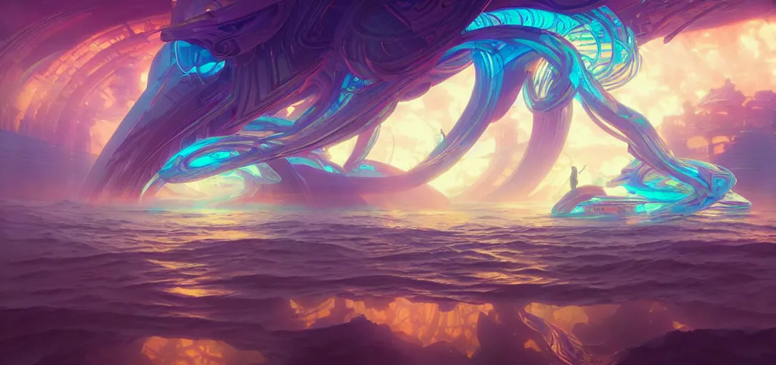 Image similar to a floating temple, channeling swirling energy, wearing netrunner clothing, vaporwave aesthetic, colorful, psychedelic, digital painting, artstation, concept art, smooth, sharp focus, illustration, art by artgerm and greg rutkowski and alphonse mucha