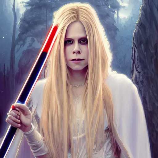 Image similar to perfect drawing of avril lavigne wearing white cloak holding light saber, intricate, highly detailed, digital painting, artstation, concept art, smooth, sharp focus, illustration, unreal engine 5, 8 k, art by artgerm and greg rutkowski and alphonse mucha