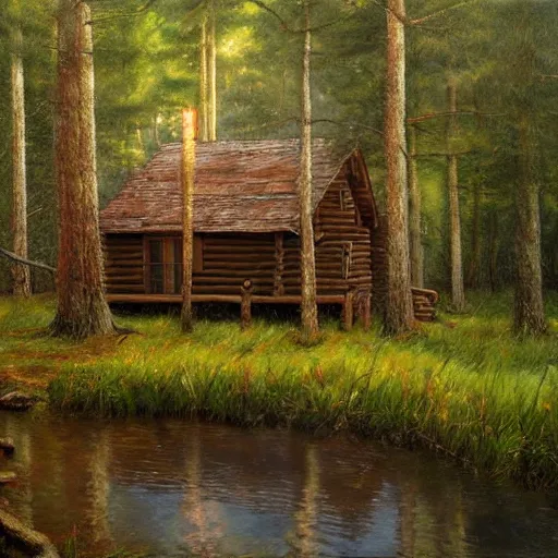 Prompt: a cabin in the woods by james gurney