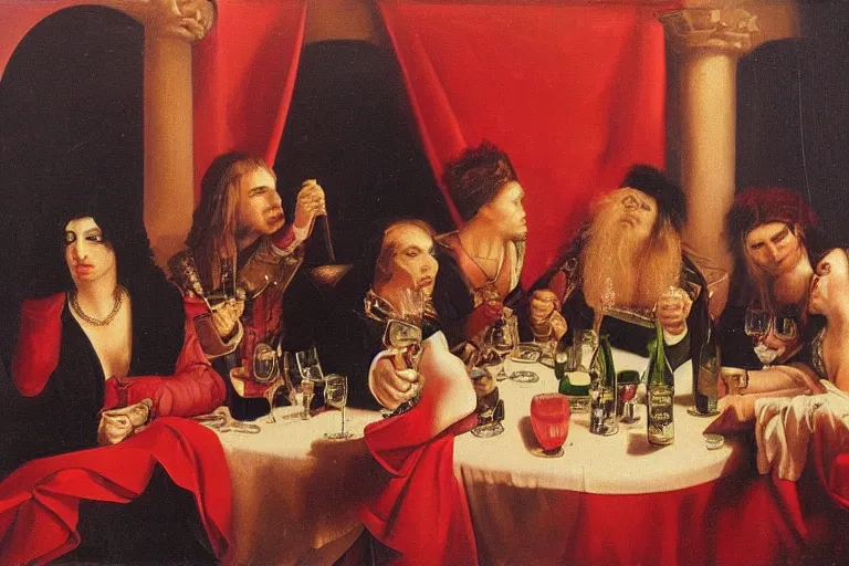 Image similar to glam rockers drinking brutal and raw wine, inside a green room with red lights in renaissance style, sfumato, oil painting