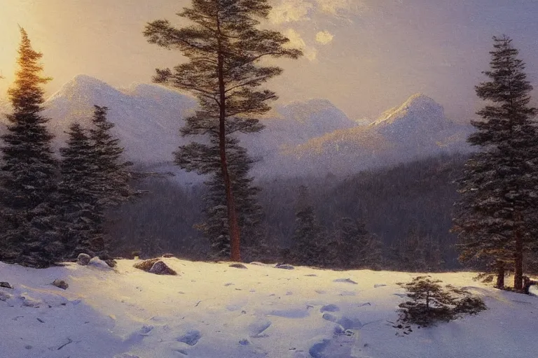 Image similar to mountains, trees, beautiful nature, winter, night, stars, snow, very detailed, focused, oil painting, colorful, canvas, artstation, Sydney Mortimer Laurence, Albert Bierstadt, Theodor Kittelsen, Hans Dahl, Konstantin Yakovlevich Kryzhitsky