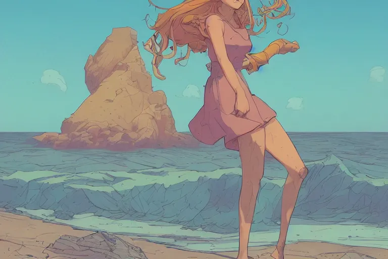 Prompt: a study of cell shaded cartoon of a girl standing on a beach, illustration, wide shot, subtle colors, post grunge, concept art by josan gonzales and wlop, by james jean, Victo ngai, David Rubín, Mike Mignola, Laurie Greasley, highly detailed, sharp focus, alien, Trending on Artstation, HQ, deviantart, art by artgem