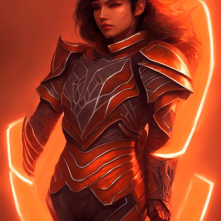 Image similar to masterpiece portrait of a d & d ranger with her quantum armor, orange and white, volumetric lighting, fantasy, intricate, elegant, lifelike, photorealistic, artstation, concept art, sharp focus, magic the gathering art