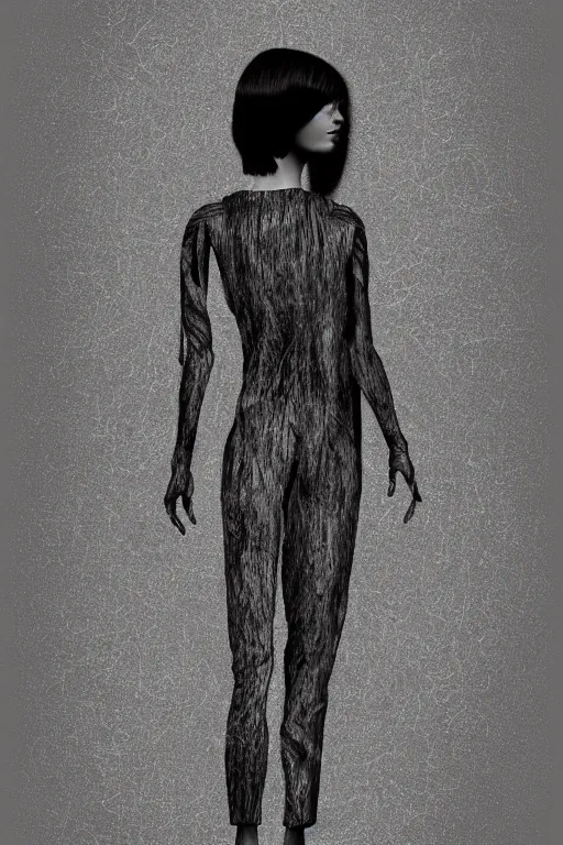 Image similar to portrait of a girl in long pants and a top, hands in pockets, eyes closed, bob haircut, digital art, black and white, illustration by giger