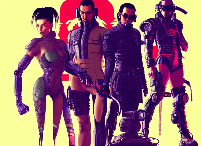 Image similar to cyberpunk samurai team. portrait by stonehouse and mœbius and will eisner and gil elvgren and pixar. character design. realistic proportions. cyberpunk 2 0 7 7 character art, blade runner 2 0 4 9 concept art. cel shading. attractive face. thick lines. the team. diverse characters. artstationhq.