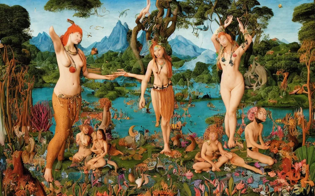 Image similar to a portrait photograph of a meditating mermaid shaman and a centaur monk feeding tropical animals at a wide river delta. surrounded by bulbous flowers, animals and trees. mountain range under a vast blue sky of burning stars. painted by jan van eyck, max ernst, ernst haeckel and artgerm, cgsociety, artstation, fashion editorial